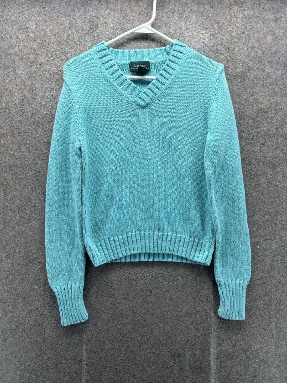 Lauren Ralph Lauren Sweater Womens P/S Blue V Neck Cotton Knit Pullover Petite